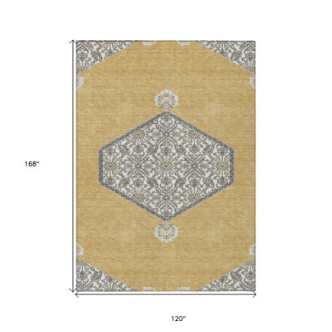 Homeroots 3' Artichoke Green Beige Ivory Oriental Washable Area Rug For Indoor Outdoor Spaces, Durable Design 10' X 14' Polyester 598201