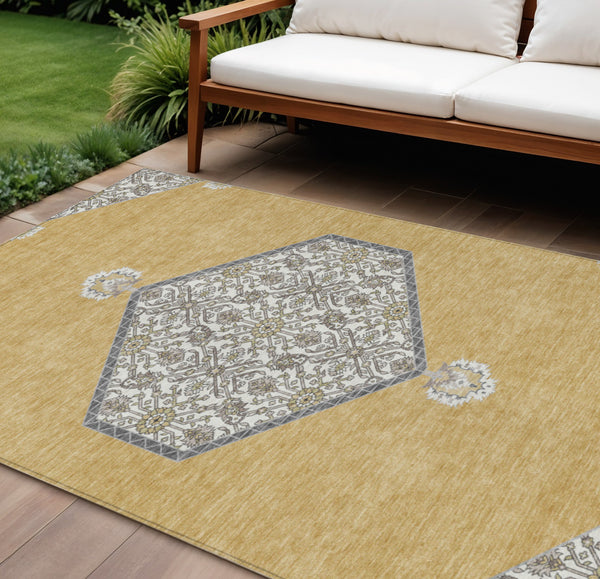 Homeroots 3' Artichoke Green Beige Ivory Oriental Washable Area Rug For Indoor Outdoor Spaces, Durable Design 10' X 14' Polyester 598201
