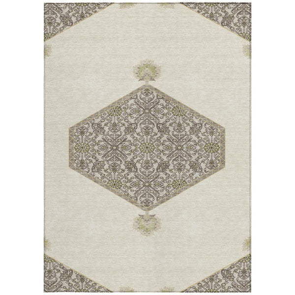 Homeroots 3' Artichoke Green Beige Ivory Oriental Washable Area Rug For Indoor Outdoor Spaces, Durable Design 3' X 5' Polyester 598202