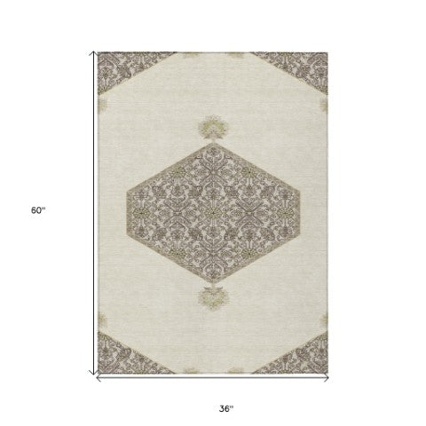 Homeroots 3' Artichoke Green Beige Ivory Oriental Washable Area Rug For Indoor Outdoor Spaces, Durable Design 3' X 5' Polyester 598202