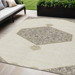 Homeroots 3' Artichoke Green Beige Ivory Oriental Washable Area Rug For Indoor Outdoor Spaces, Durable Design 5' X 8' Polyester 598203