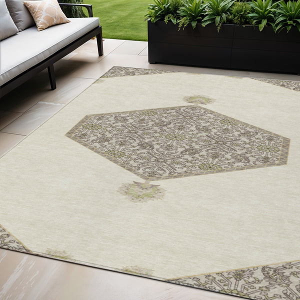 Homeroots 3' Artichoke Green Beige Ivory Oriental Washable Area Rug For Indoor Outdoor Spaces, Durable Design 5' X 8' Polyester 598203
