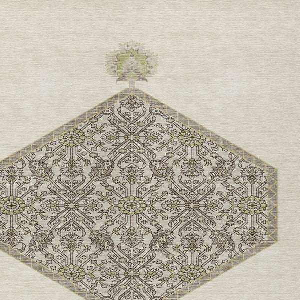 Homeroots 3' Artichoke Green Beige Ivory Oriental Washable Area Rug For Indoor Outdoor Spaces, Durable Design 5' X 8' Polyester 598203