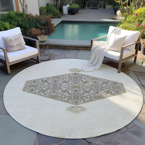 Homeroots 3' Artichoke Green Beige Ivory Oriental Washable Area Rug For Indoor Outdoor Spaces, Durable Design 8' Round Polyester 598204