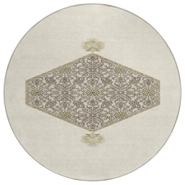 HomeRoots 5' Elegant Ivory and Gray Oriental Area Rug - Washable, Durable for Indoor and Outdoor Use 8' Round 598204