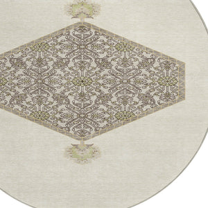 Homeroots 3' Artichoke Green Beige Ivory Oriental Washable Area Rug For Indoor Outdoor Spaces, Durable Design 8' Round Polyester 598204