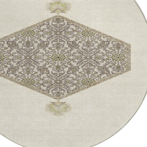 Homeroots 3' Artichoke Green Beige Ivory Oriental Washable Area Rug For Indoor Outdoor Spaces, Durable Design 8' Round Polyester 598204