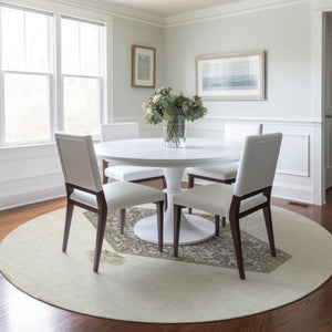 Homeroots 3' Artichoke Green Beige Ivory Oriental Washable Area Rug For Indoor Outdoor Spaces, Durable Design 8' Round Polyester 598204