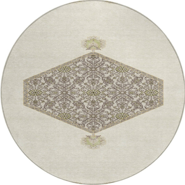 Homeroots 3' Artichoke Green Beige Ivory Oriental Washable Area Rug For Indoor Outdoor Spaces, Durable Design 8' Round Polyester 598204