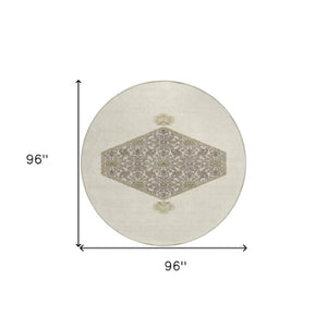 Homeroots 3' Artichoke Green Beige Ivory Oriental Washable Area Rug For Indoor Outdoor Spaces, Durable Design 8' Round Polyester 598204