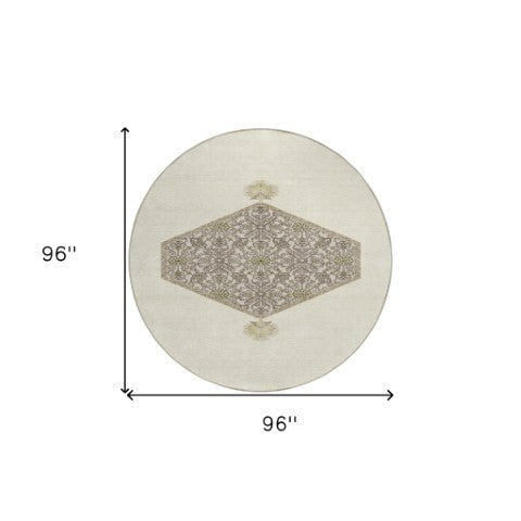 Homeroots 3' Artichoke Green Beige Ivory Oriental Washable Area Rug For Indoor Outdoor Spaces, Durable Design 8' Round Polyester 598204