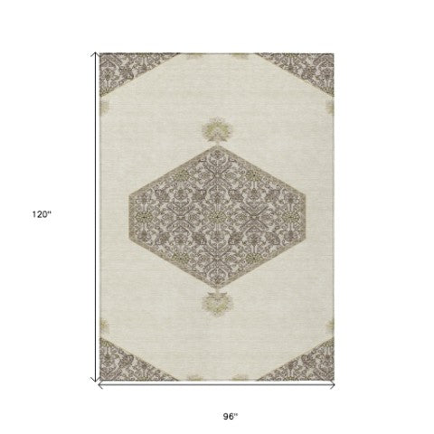 Homeroots 3' Artichoke Green Beige Ivory Oriental Washable Area Rug For Indoor Outdoor Spaces, Durable Design 8' X 10' Polyester 598205