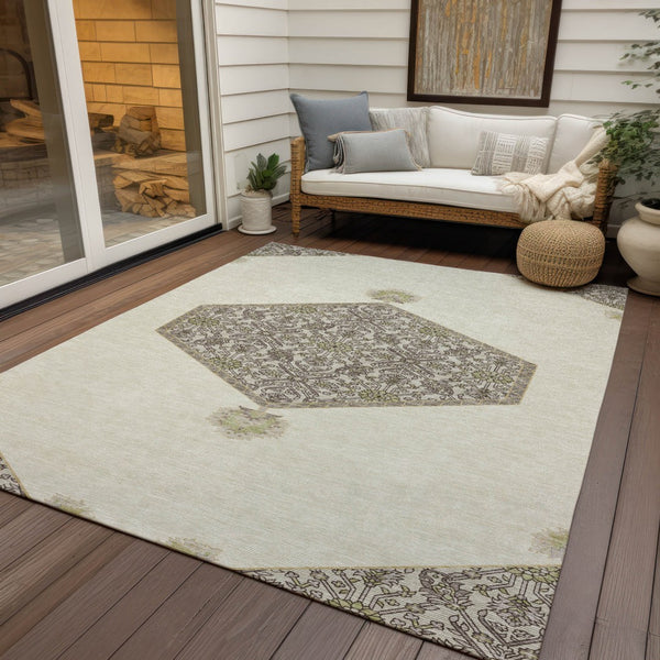 Homeroots 3' Artichoke Green Beige Ivory Oriental Washable Area Rug For Indoor Outdoor Spaces, Durable Design 8' X 10' Polyester 598205