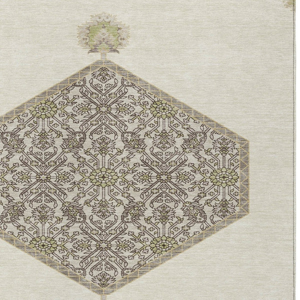 Homeroots 3' Artichoke Green Beige Ivory Oriental Washable Area Rug For Indoor Outdoor Spaces, Durable Design 8' X 10' Polyester 598205
