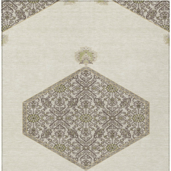 Homeroots 3' Artichoke Green Beige Ivory Oriental Washable Area Rug For Indoor Outdoor Spaces, Durable Design 9' X 12' Polyester 598206