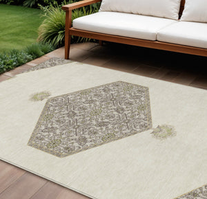 Homeroots 3' Artichoke Green Beige Ivory Oriental Washable Area Rug For Indoor Outdoor Spaces, Durable Design 9' X 12' Polyester 598206