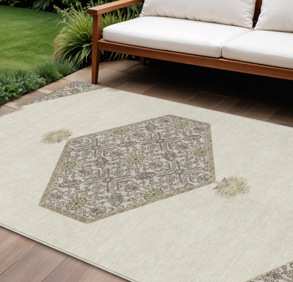 Homeroots 3' Artichoke Green Beige Ivory Oriental Washable Area Rug For Indoor Outdoor Spaces, Durable Design 9' X 12' Polyester 598206