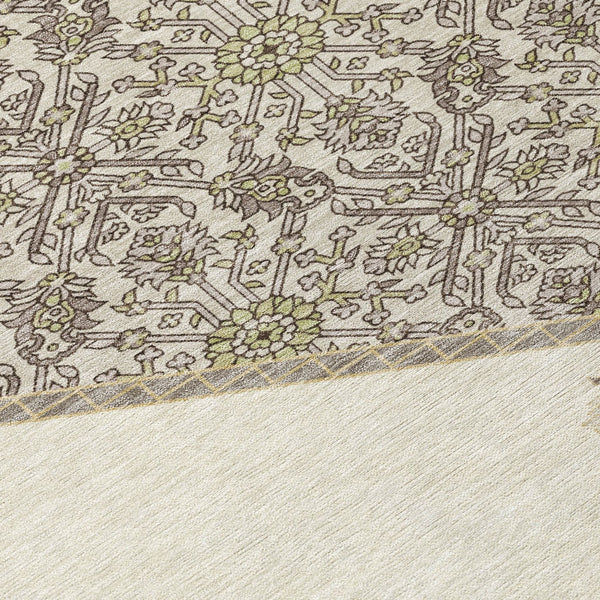 Homeroots 3' Artichoke Green Beige Ivory Oriental Washable Area Rug For Indoor Outdoor Spaces, Durable Design 9' X 12' Polyester 598206