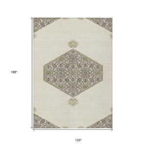 Homeroots 3' Artichoke Green Beige Ivory Oriental Washable Area Rug For Indoor Outdoor Spaces, Durable Design 10' X 14' Polyester 598207