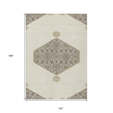 Homeroots 3' Artichoke Green Beige Ivory Oriental Washable Area Rug For Indoor Outdoor Spaces, Durable Design 10' X 14' Polyester 598207