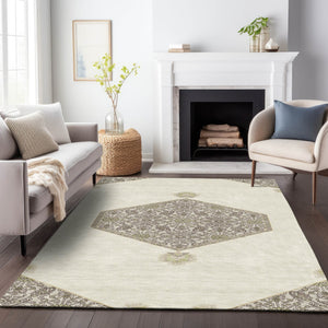 Homeroots 3' Artichoke Green Beige Ivory Oriental Washable Area Rug For Indoor Outdoor Spaces, Durable Design 10' X 14' Polyester 598207