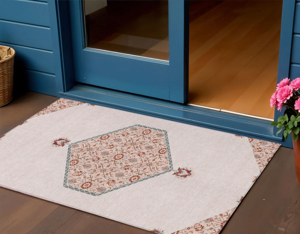 Homeroots 3' Artichoke Green Beige Ivory Oriental Washable Area Rug For Indoor Outdoor Spaces, Durable Design 3' X 5' Polyester 598226