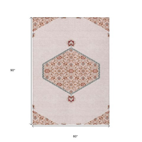 Homeroots 3' Artichoke Green Beige Ivory Oriental Washable Area Rug For Indoor Outdoor Spaces, Durable Design 5' X 8' Polyester 598227