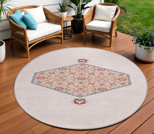 Homeroots 3' Artichoke Green Beige Ivory Oriental Washable Area Rug For Indoor Outdoor Spaces, Durable Design 8' Round Polyester 598228