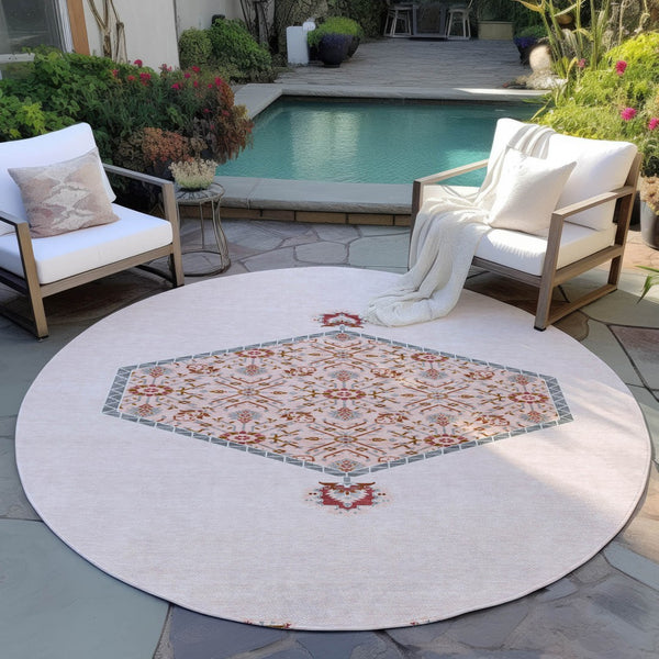 Homeroots 3' Artichoke Green Beige Ivory Oriental Washable Area Rug For Indoor Outdoor Spaces, Durable Design 8' Round Polyester 598228