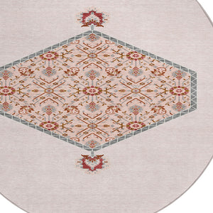 Homeroots 3' Artichoke Green Beige Ivory Oriental Washable Area Rug For Indoor Outdoor Spaces, Durable Design 8' Round Polyester 598228