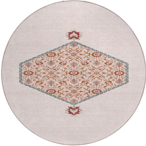 Homeroots 3' Artichoke Green Beige Ivory Oriental Washable Area Rug For Indoor Outdoor Spaces, Durable Design 8' Round Polyester 598228