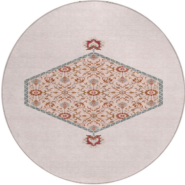 Homeroots 3' Artichoke Green Beige Ivory Oriental Washable Area Rug For Indoor Outdoor Spaces, Durable Design 8' Round Polyester 598228