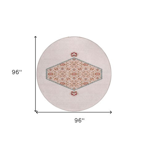 Homeroots 3' Artichoke Green Beige Ivory Oriental Washable Area Rug For Indoor Outdoor Spaces, Durable Design 8' Round Polyester 598228