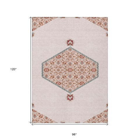 Homeroots 3' Artichoke Green Beige Ivory Oriental Washable Area Rug For Indoor Outdoor Spaces, Durable Design 8' X 10' Polyester 598229