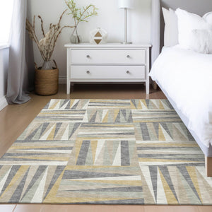 Homeroots 3' Stylish Geometric Beige Gray Ivory Washable Area Rug For Indoor And Outdoor Spaces, Durable Design 5' X 8' Polyester 598233