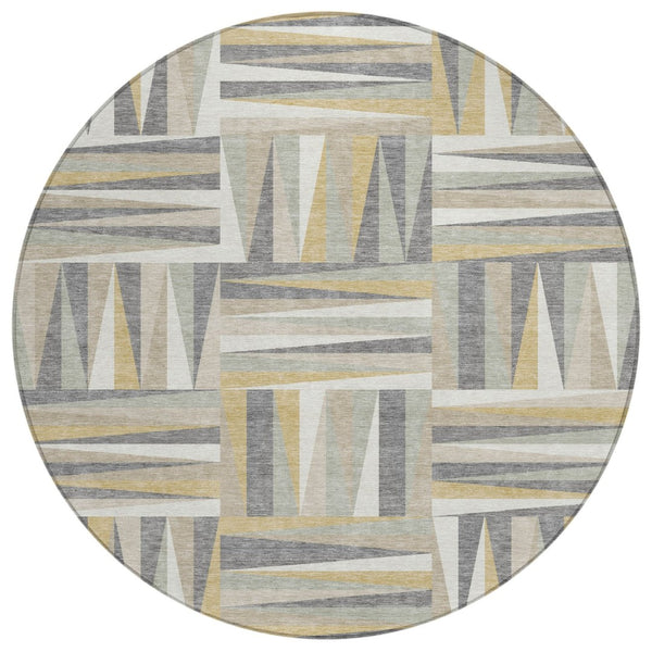 HomeRoots 5' Stylish Beige Gray and Ivory Geometric Washable Area Rug for Indoor Outdoor Spaces, Durable Design 8' Round 598234