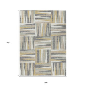 Homeroots 3' Stylish Geometric Beige Gray Ivory Washable Area Rug For Indoor And Outdoor Spaces, Durable Design 9' X 12' Polyester 598236