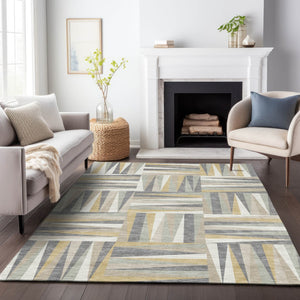 Homeroots 3' Stylish Geometric Beige Gray Ivory Washable Area Rug For Indoor And Outdoor Spaces, Durable Design 9' X 12' Polyester 598236