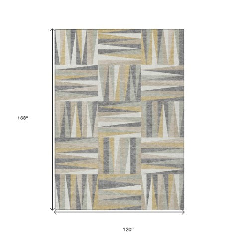 Homeroots 3' Stylish Geometric Beige Gray Ivory Washable Area Rug For Indoor And Outdoor Spaces, Durable Design 10' X 14' Polyester 598237