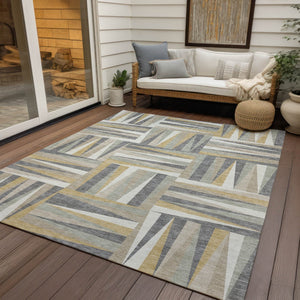 Homeroots 3' Stylish Geometric Beige Gray Ivory Washable Area Rug For Indoor And Outdoor Spaces, Durable Design 10' X 14' Polyester 598237