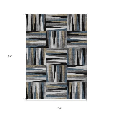 Homeroots 3' Stylish Geometric Beige Gray Ivory Washable Area Rug For Indoor And Outdoor Spaces, Durable Design 3' X 5' Polyester 598238