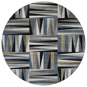 HomeRoots 5' Modern Geometric Black Gray Ivory Area Rug - Washable, Durable Indoor Outdoor Design for Versatile Use 8' Round 598240