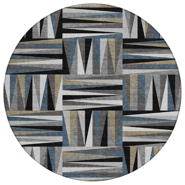 HomeRoots 5' Modern Geometric Black Gray Ivory Area Rug - Washable, Durable Indoor Outdoor Design for Versatile Use 8' Round 598240