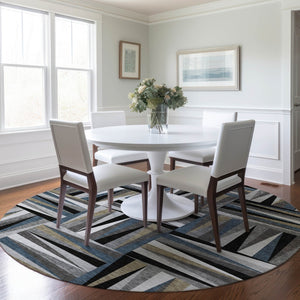 Homeroots 3' Stylish Geometric Beige Gray Ivory Washable Area Rug For Indoor And Outdoor Spaces, Durable Design 8' Round Polyester 598240