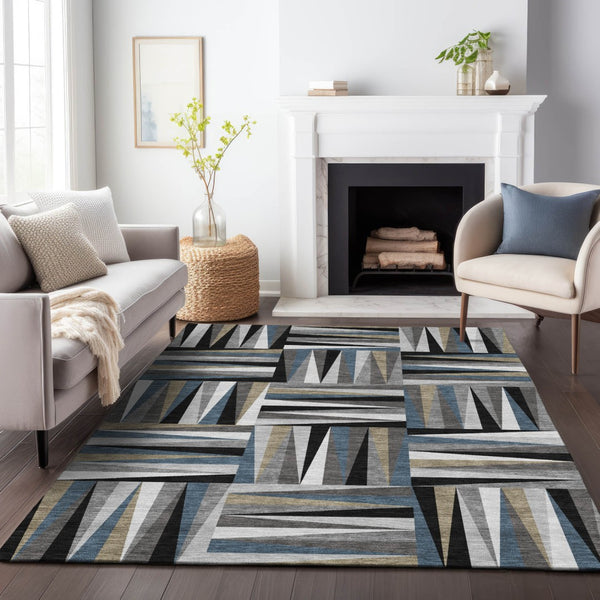 Homeroots 3' Stylish Geometric Beige Gray Ivory Washable Area Rug For Indoor And Outdoor Spaces, Durable Design 8' X 10' Polyester 598241