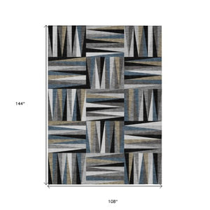 Homeroots 3' Stylish Geometric Beige Gray Ivory Washable Area Rug For Indoor And Outdoor Spaces, Durable Design 9' X 12' Polyester 598242