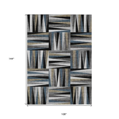 Homeroots 3' Stylish Geometric Beige Gray Ivory Washable Area Rug For Indoor And Outdoor Spaces, Durable Design 9' X 12' Polyester 598242