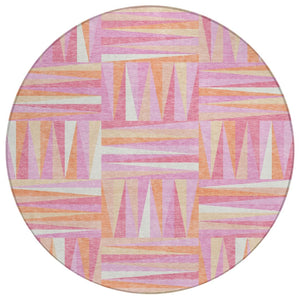 HomeRoots 5' Stylish Blush Ivory Orange Geometric Washable Area Rug for Indoor and Outdoor Spaces, Durable Design 8' Round 598246