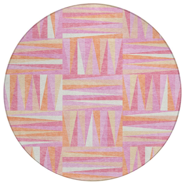 HomeRoots 5' Stylish Blush Ivory Orange Geometric Washable Area Rug for Indoor and Outdoor Spaces, Durable Design 8' Round 598246