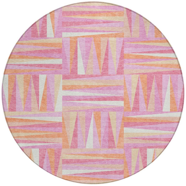 Homeroots 3' Stylish Geometric Beige Gray Ivory Washable Area Rug For Indoor And Outdoor Spaces, Durable Design 8' Round Polyester 598246